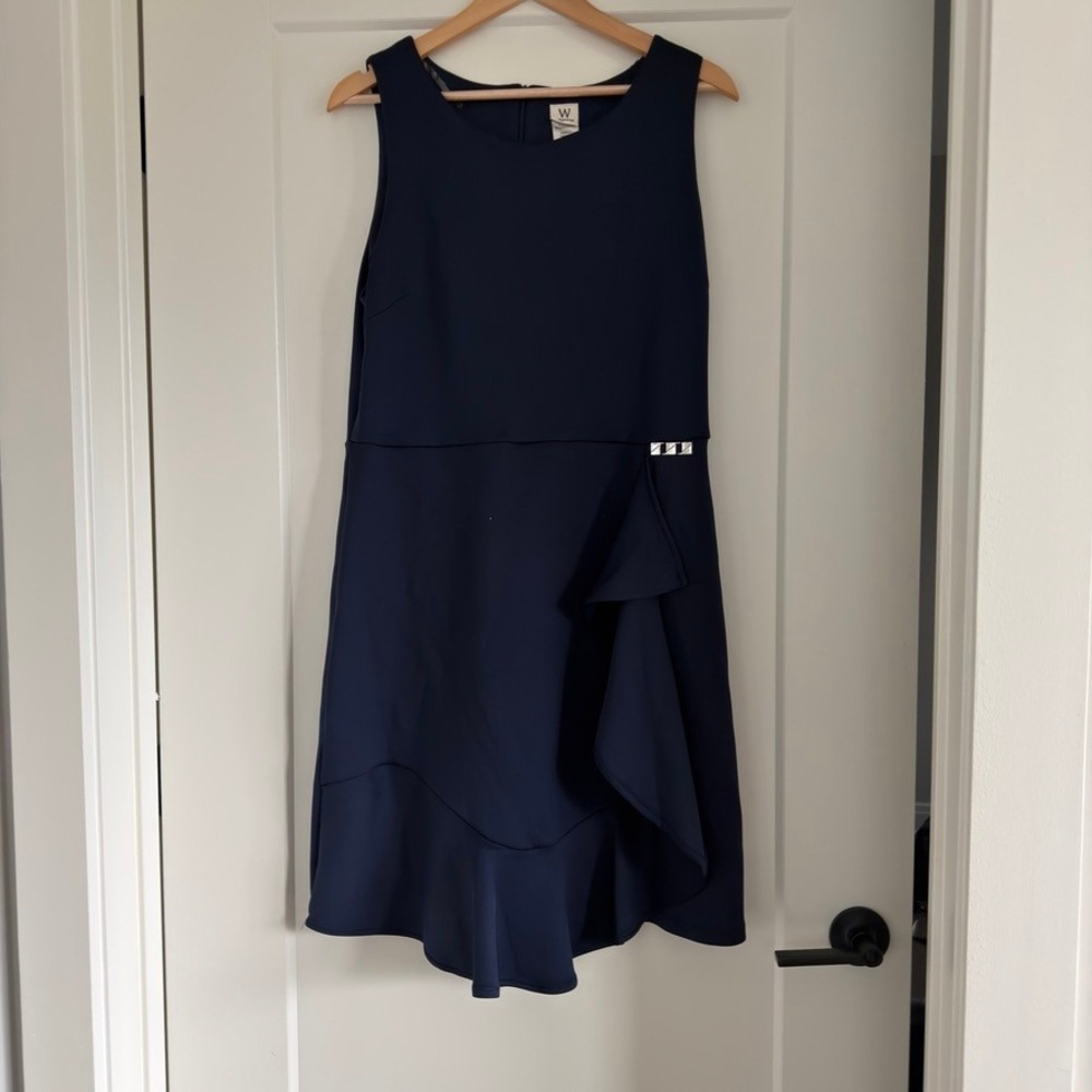 Wrapper Navy Blue Sleeveless Ruffle Skirt Dress Silver Buckle Size 14